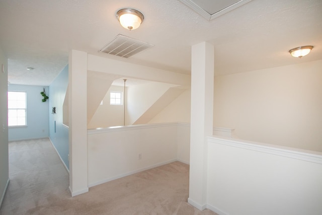 hall featuring carpet flooring, a textured ceiling, and a healthy amount of sunlight