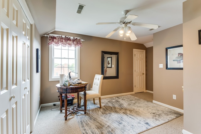 office featuring carpet floors, lofted ceiling, and ceiling fan