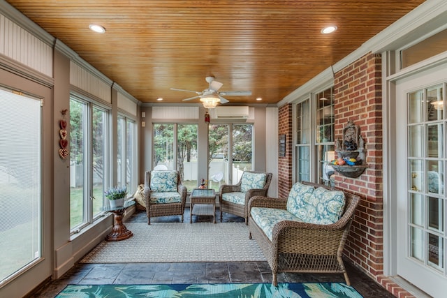 sunroom / solarium with a wall mounted AC, wooden ceiling, and ceiling fan