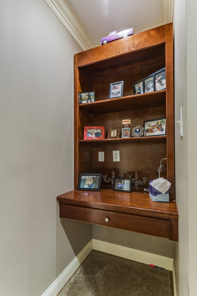 room details featuring ornamental molding and carpet floors