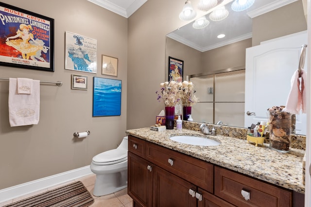 bathroom with tile patterned floors, crown molding, toilet, and vanity