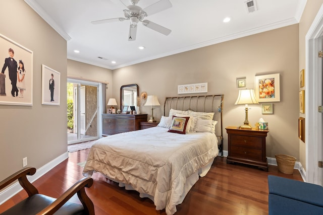 bedroom featuring ornamental molding, dark hardwood / wood-style flooring, access to exterior, and ceiling fan