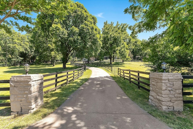 view of home's community with a rural view and a lawn