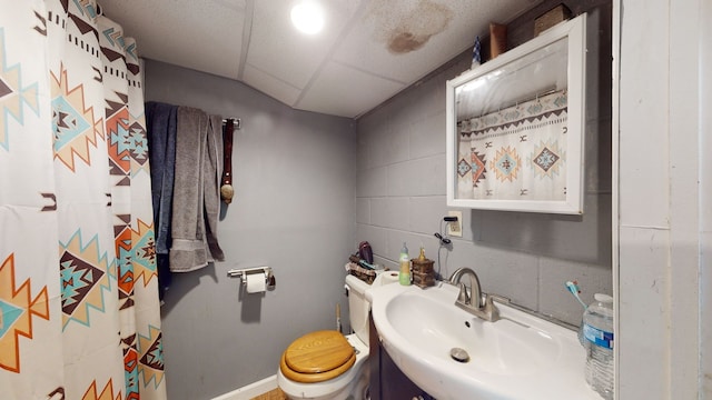 bathroom featuring sink, a drop ceiling, and toilet