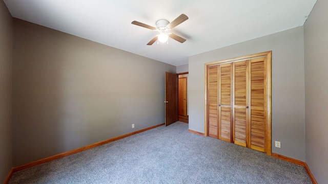 unfurnished bedroom with carpet flooring, a closet, and ceiling fan