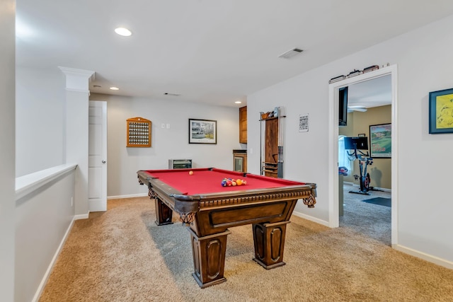 game room with light carpet and pool table