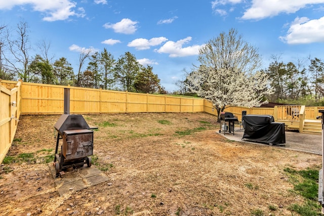 view of yard with a wooden deck and a patio area