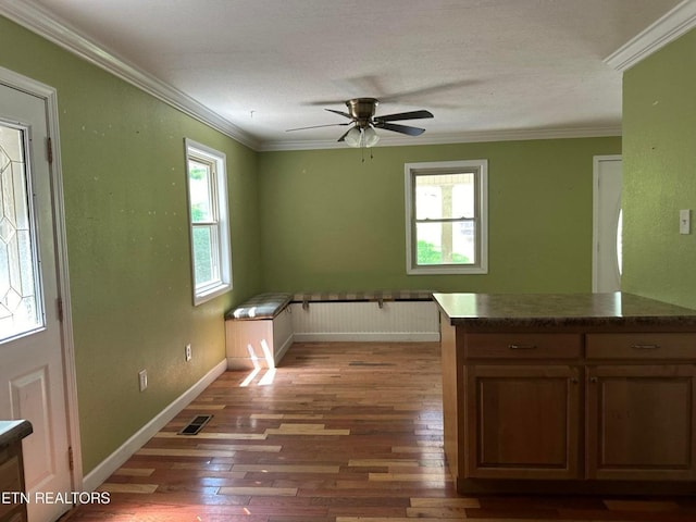 interior space featuring dark wood-style floors, baseboards, visible vents, and ornamental molding