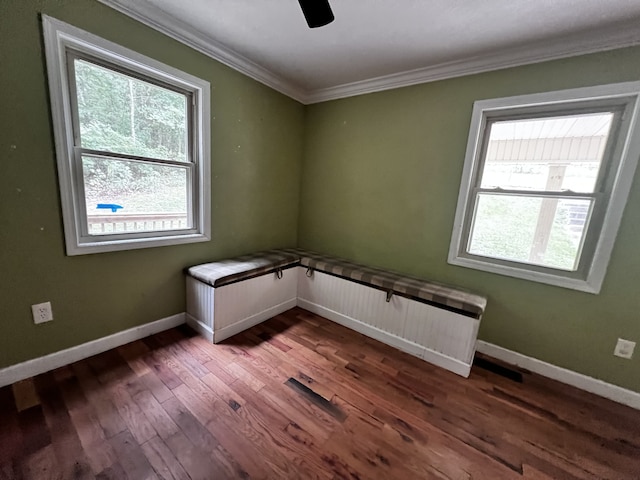 empty room featuring ornamental molding, dark wood-style flooring, plenty of natural light, and baseboards