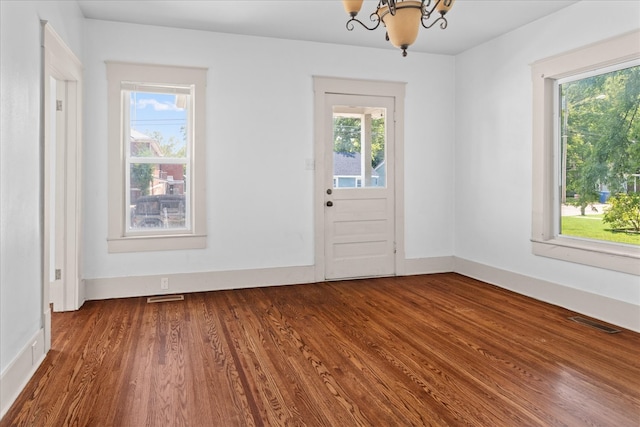 doorway with a chandelier, dark hardwood / wood-style floors, and plenty of natural light