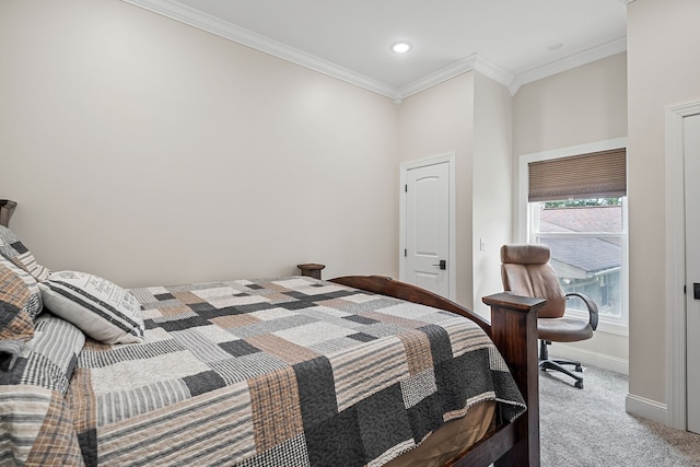 carpeted bedroom featuring ornamental molding