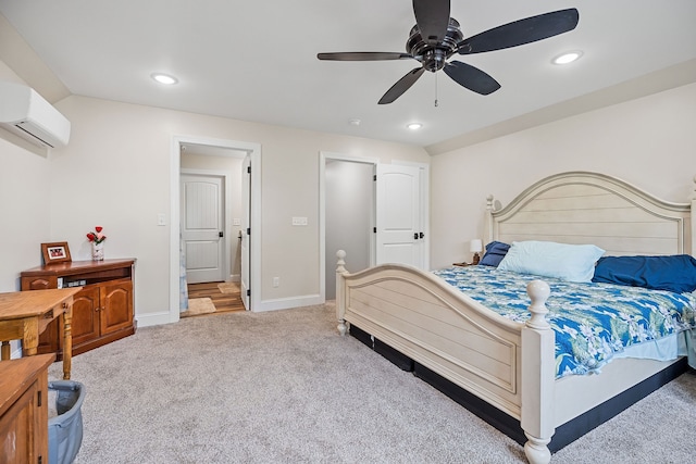 bedroom featuring a wall mounted air conditioner, light carpet, and ceiling fan