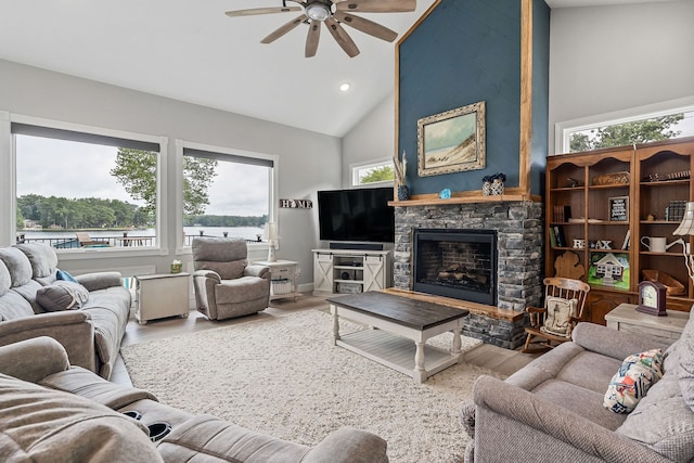 living room featuring a wealth of natural light, a fireplace, and hardwood / wood-style floors