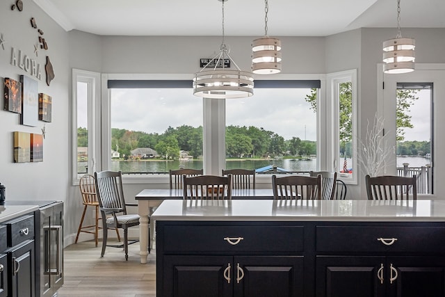 kitchen with a water view, pendant lighting, and light wood-type flooring