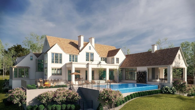 back of house featuring a fenced in pool, a patio, a chimney, fence, and stucco siding