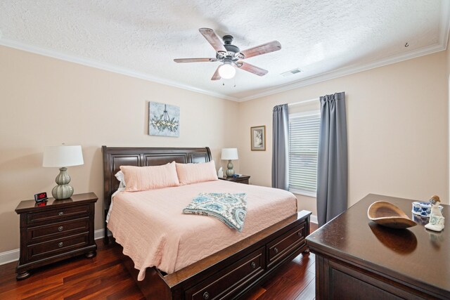 bedroom featuring crown molding, dark wood-type flooring, a textured ceiling, and ceiling fan