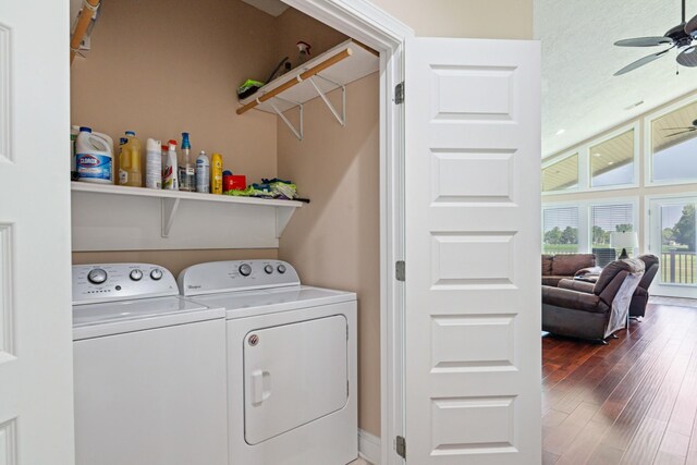 washroom with washer and clothes dryer, ceiling fan, and wood-type flooring