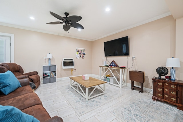 tiled living room with ceiling fan and ornamental molding