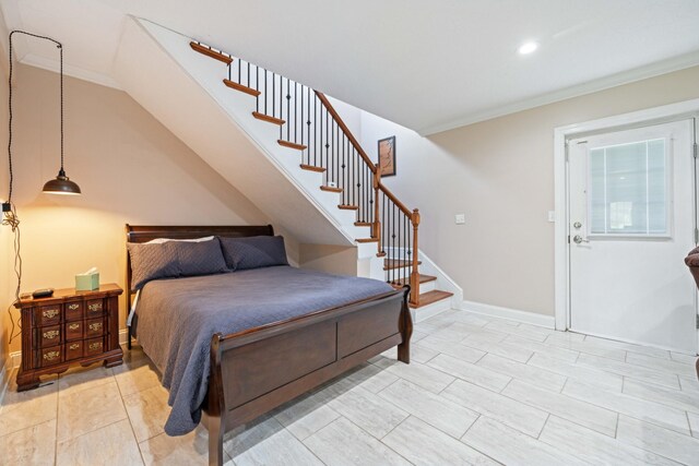 tiled bedroom with crown molding