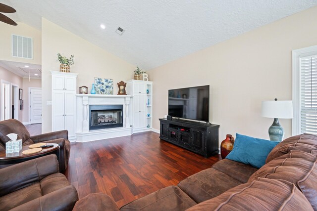 living room with dark hardwood / wood-style floors and high vaulted ceiling