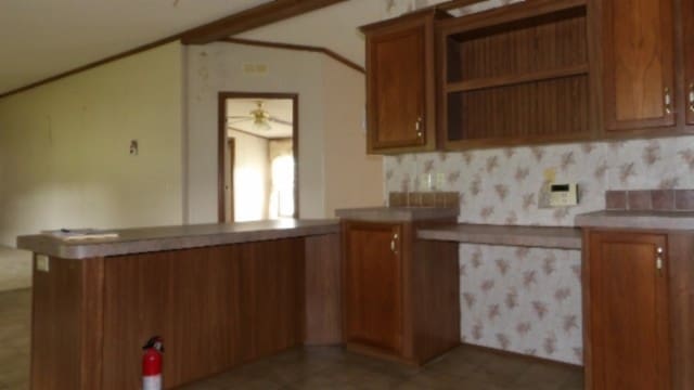 kitchen with kitchen peninsula and ceiling fan