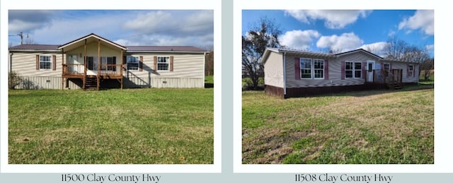 view of front facade featuring a deck and a front lawn