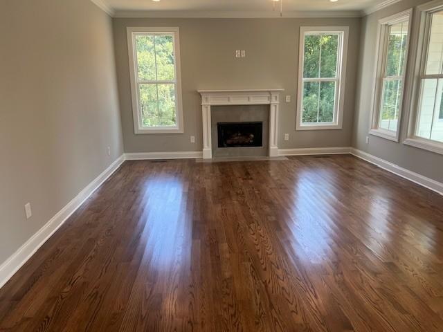 unfurnished living room with ornamental molding and plenty of natural light