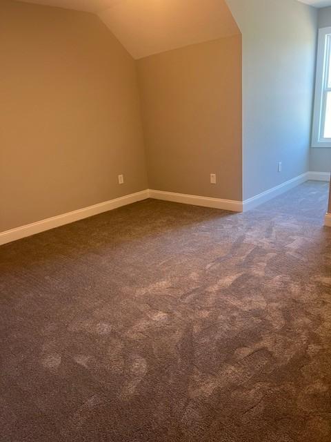 additional living space featuring vaulted ceiling and dark carpet