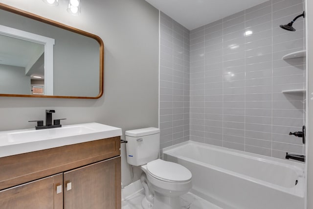 bathroom with washtub / shower combination, vanity, and toilet