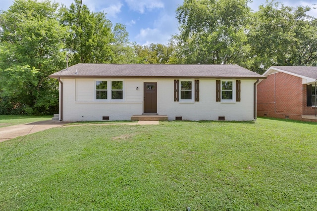 single story home with brick siding, crawl space, a shingled roof, and a front lawn