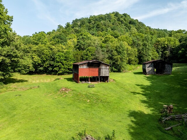 view of yard with an outbuilding and a forest view