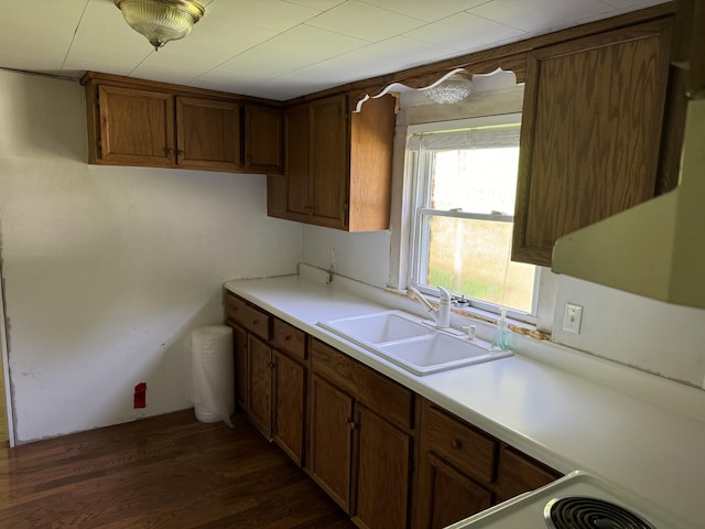 kitchen featuring brown cabinets, dark wood finished floors, light countertops, and a sink