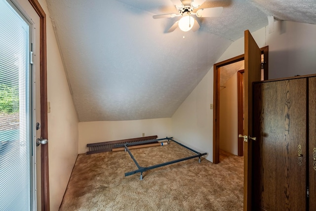 additional living space with lofted ceiling, carpet, and a textured ceiling