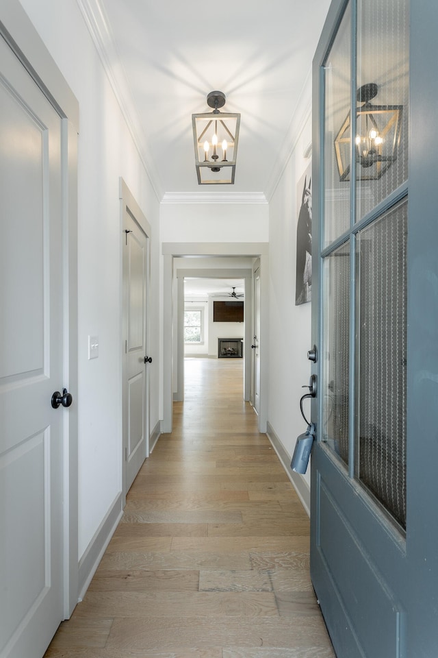 hallway featuring crown molding, an inviting chandelier, and light wood-type flooring