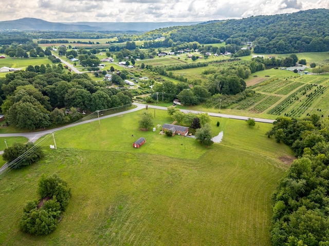 drone / aerial view featuring a rural view and a mountain view