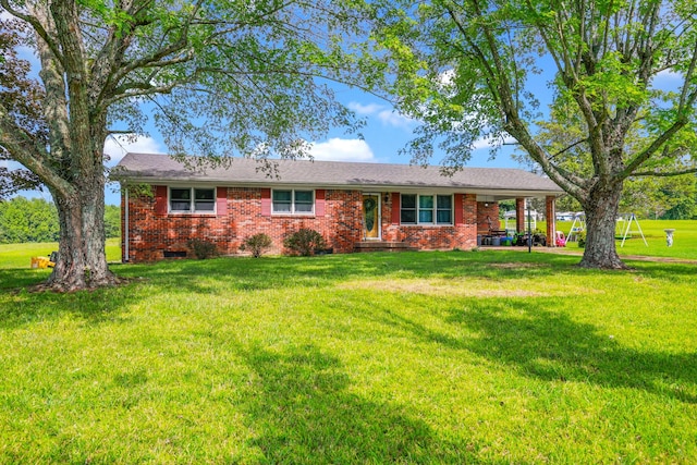 single story home featuring crawl space, a front lawn, and brick siding