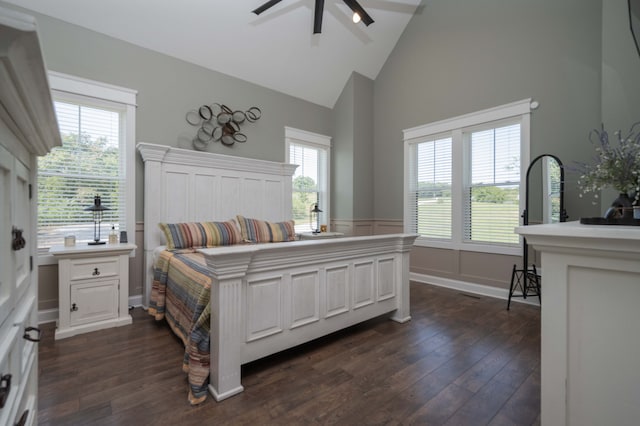 bedroom with multiple windows, ceiling fan, high vaulted ceiling, and dark wood-type flooring