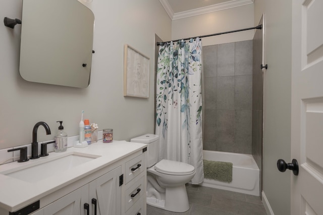 full bathroom featuring tile patterned flooring, toilet, shower / bath combo with shower curtain, vanity, and ornamental molding