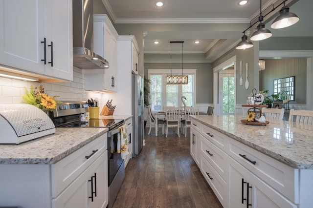 kitchen featuring white cabinetry, wall chimney range hood, stainless steel appliances, and dark wood-type flooring