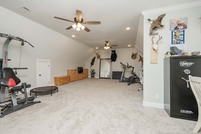 workout area with carpet, vaulted ceiling, and ceiling fan