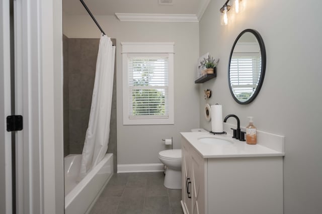 full bathroom featuring tile patterned floors, crown molding, toilet, shower / bath combo with shower curtain, and vanity