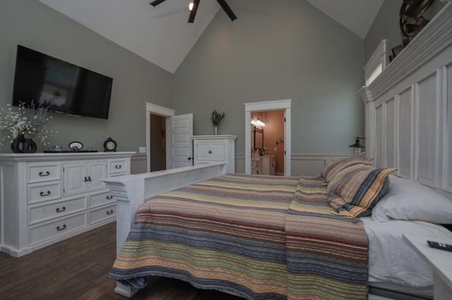 bedroom with high vaulted ceiling, ceiling fan, dark hardwood / wood-style floors, and connected bathroom