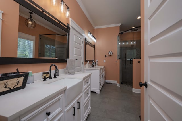 bathroom with a shower with shower door, ornamental molding, and vanity