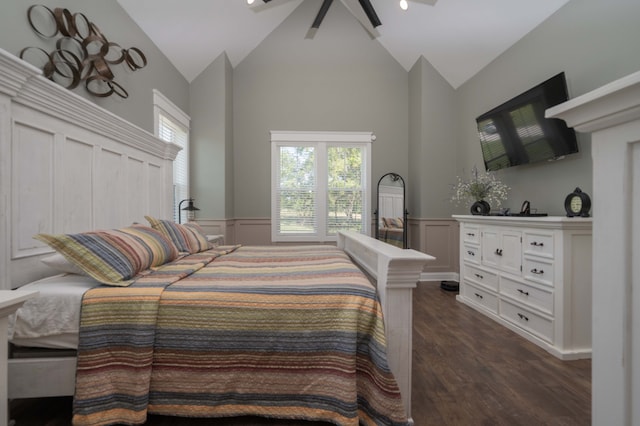 bedroom with dark hardwood / wood-style floors, high vaulted ceiling, multiple windows, and ceiling fan