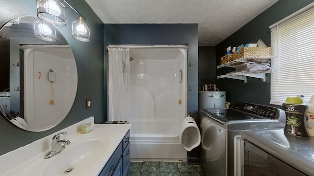 bathroom with vanity, tile patterned floors, bathing tub / shower combination, water heater, and a textured ceiling