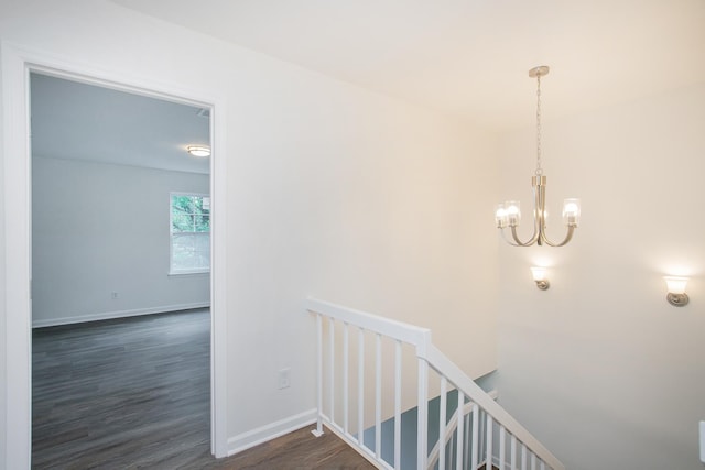 staircase with dark hardwood / wood-style floors and a notable chandelier