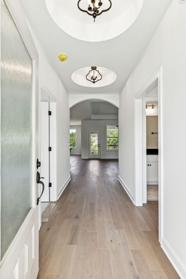 corridor with a tray ceiling and wood-type flooring