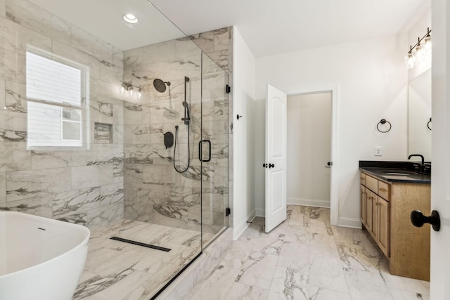 full bath with marble finish floor, a marble finish shower, recessed lighting, vanity, and a freestanding tub