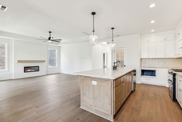 kitchen with stainless steel appliances, decorative backsplash, white cabinets, light wood-type flooring, and a kitchen island with sink