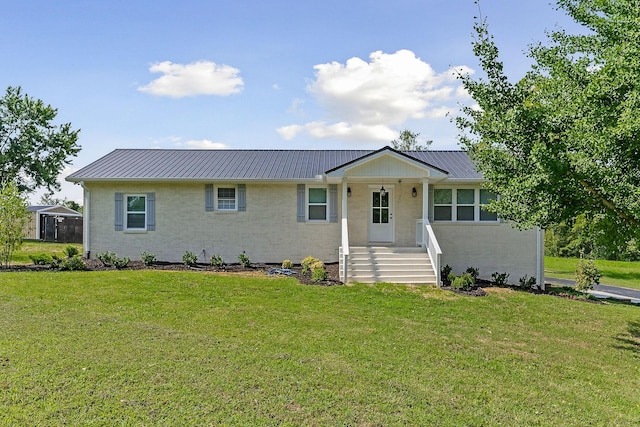 ranch-style house featuring a front yard and a porch